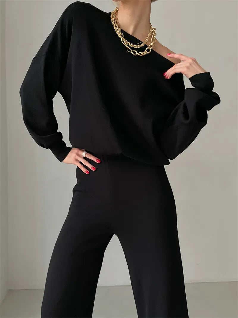 סט סריג סוודר אוף שולדר ומכנס רחב